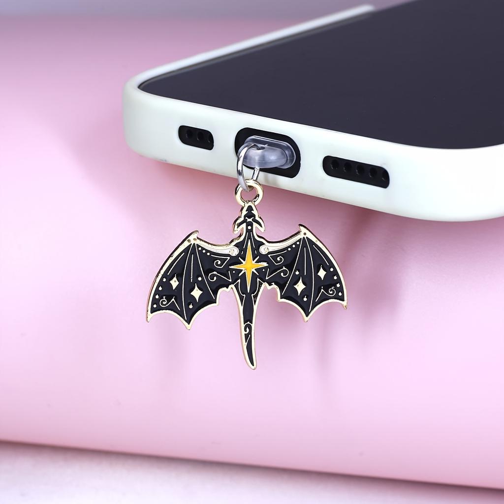 Mobile Phone Dust Plug, Fashionable Black and White Moon, Flying Dragon Bat Wing Pendant Mobile Phone Dragon Series Style, Ideal Best Gift, Halloween