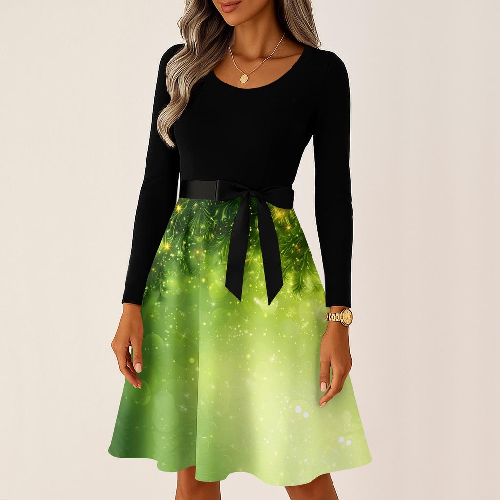 Women's Casual Fashion Long Sleeve Christmas Graphic Printed Vintage Long Dresses