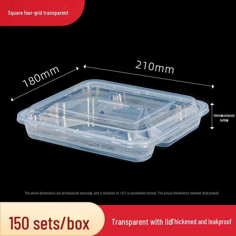 Rectangular 4-Compartment Takeout Food Box with Transparent Lid and Black Base