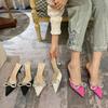 Fashion Women Crystal Bow -Knot Slippers Brand Pointed Toe Slip On Mules White Thin High Heels Outdoo Dress Wedding Shoes