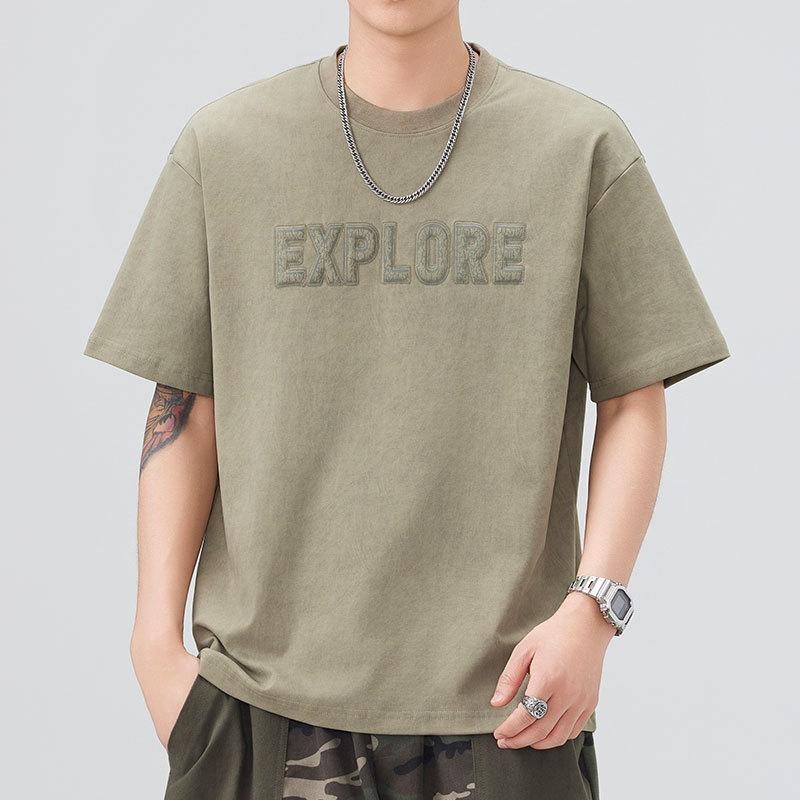 American Round Neck T-shirt Men's Loose Summer Frying Wash Water Foam Printed American Short Sleeves