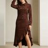 Spring Summer Women Long Sleeve Ruffle Asymmetrical Dress Slim Fitted Elegant Maxi Long Dress