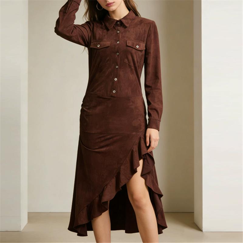 Spring Summer Women Long Sleeve Ruffle Asymmetrical Dress Slim Fitted Elegant Maxi Long Dress