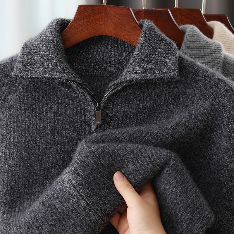 Herren-Cardigan-Pullover aus reiner Wolle mit hohem Kragen und Reißverschluss - Herbst/Winter Dick gestrickt, einfarbig