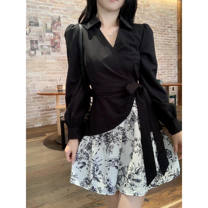 2024 Autumn French Ink Floral Patchwork Slimming Long-Sleeve Dress