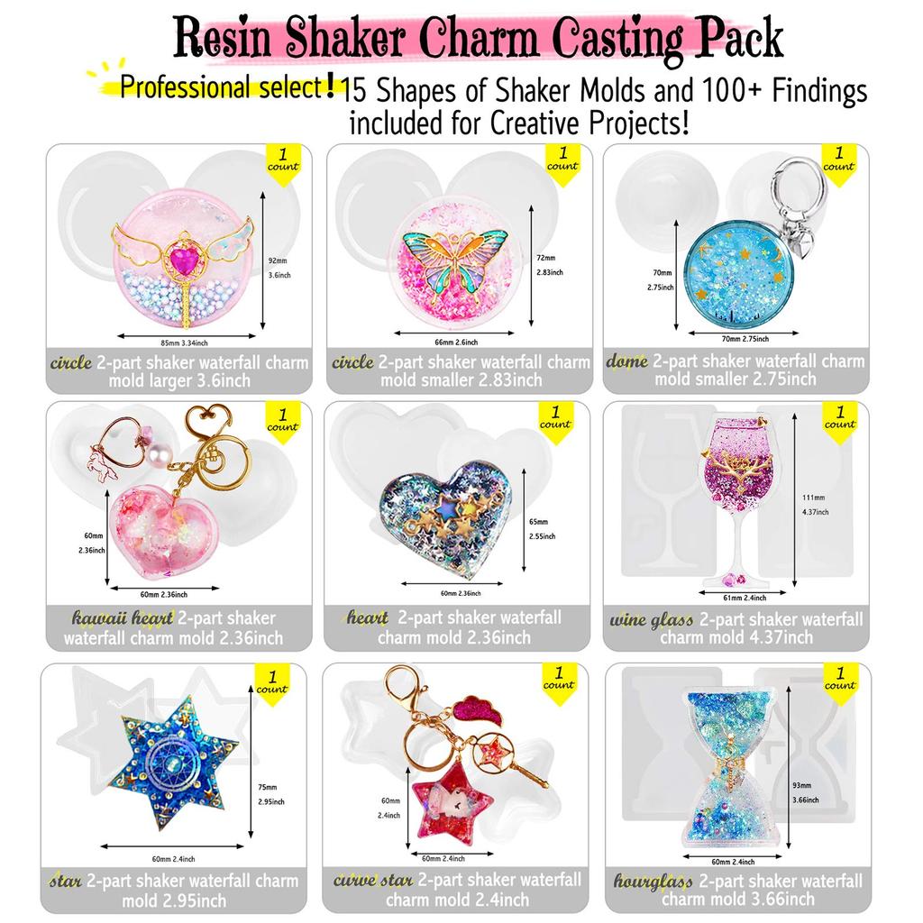 FUNSHOWCASE Shaker Mold Set for Resin Keychains and Straps - Silicone Mold/Film/Holographic Glaze/Slicing Stick/Dropper - Beginner's Craft Kit with 13