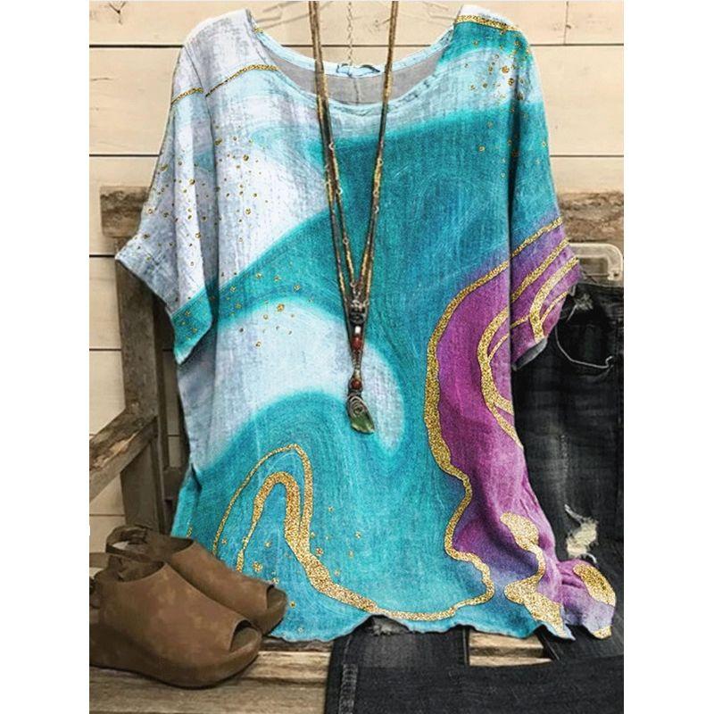 Printed round Neck Neck Casual Loose Top Print round Neck Top Women