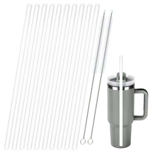 Stanley Replacement Straws for 40oz and 30oz Tumblers, 10 Reusable Long Clear Plastic Straws & 2 Cleaning Brushes, Compatible with Stanley Cups and St