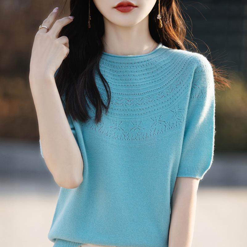 Knitted Short-sleeved T-shirt for Women In Summertime New Loose Pullover Sweater Large Size Round Neck Hollow Inner Layer Bottoming