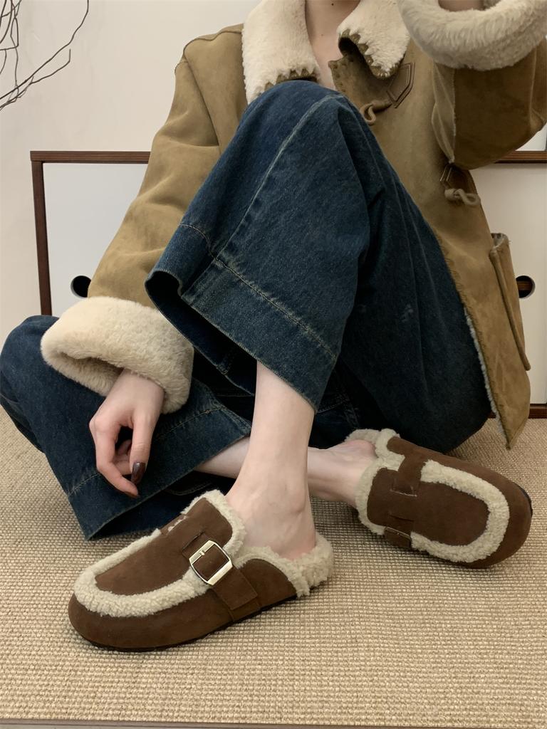 Flache Plateau Baumwollpantoffeln Damen Pelz Pantoletten Schuhe 2025 Winter Neu Plüsch Warme Pantoletten Trend Weiches Leder Gemütliche Freizeitschuhe