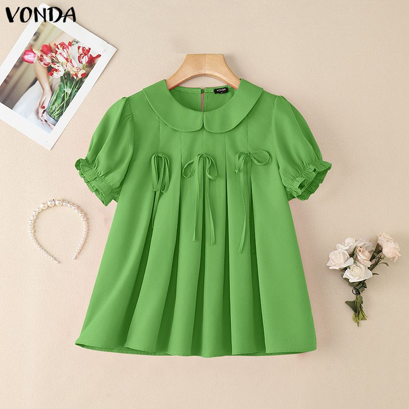 VONDA Women Casual Lapel Collar Puff Sleeve Ruffled Casual Blouse T-shirts