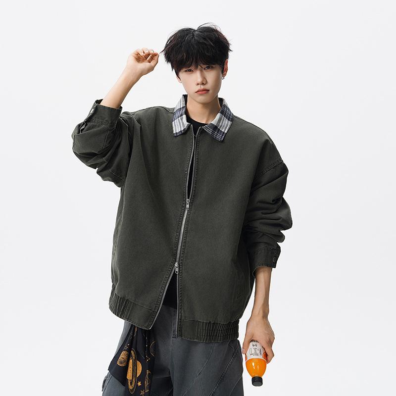 

New Men s Trendy Jacket Washing and Old Retro Work Jacket Cotton Plaid Lapel Casual Jacket 2XL