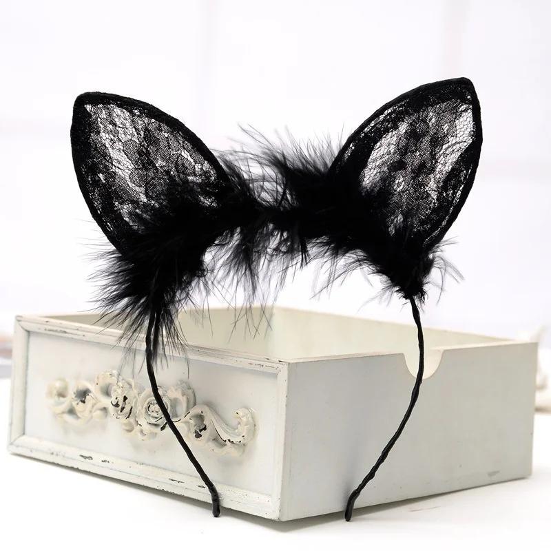 

1 шт. кошачьи ушки перья кружевные лисьи ушки повязки на голову женские милые костюмы детские повязки для волос головные уборы для танцев аксессуары для волос чёрный