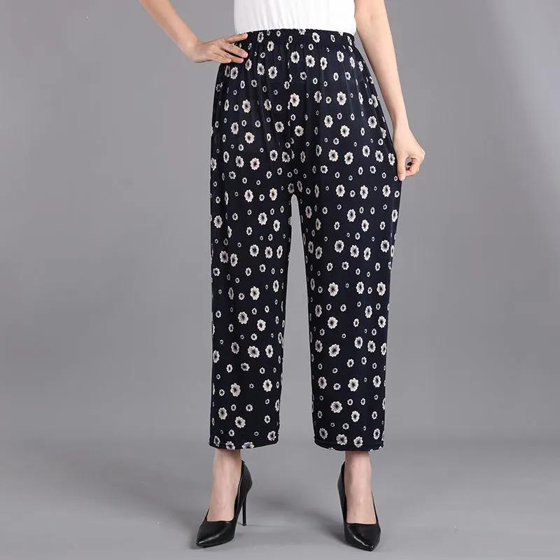 WTEMPO Ice Silk Wide Leg Pants Mother's Loose Cropped Pants Elastic High Waist Thin Printed for Women In Spring Summer