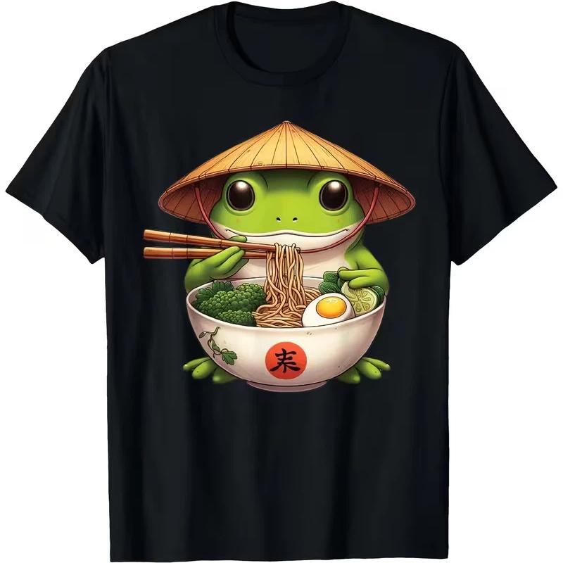 Kawaii Frog Eating Ramen T-Shirt – Cute Neko Japanese Noodles Anime Lovers Graphic Tee for Men Women Unisex Casual Black T-Shirt