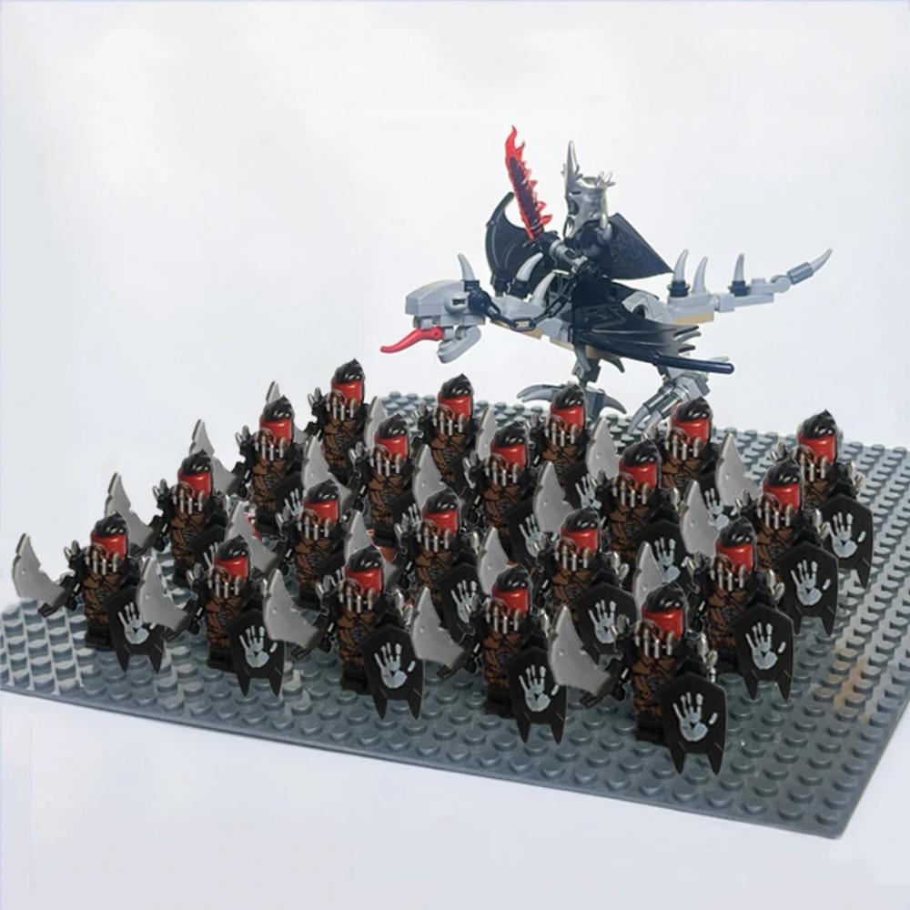 New 21Pcs Solider Uruk Hai Army Figrues King Angmar With Fell Beasts Shield Sword Bow Spear Weapons Kid Toys