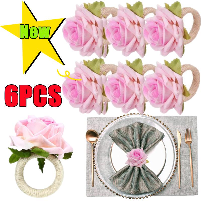6-2PCS Artificial Flower Napkin Rings Rose Napkin Ring Serviette Buckles Holder Table Decoration Wedding Valentine's Day Party