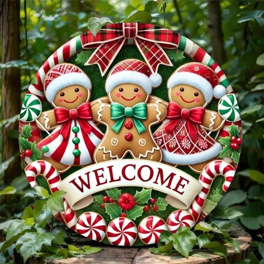 Festive Gingerbread Man Metal Wall Art, Christmas Round Sign for Home Kitchen Porch Decoration, 2D Flat Holiday Gingerbread Cookie Decor