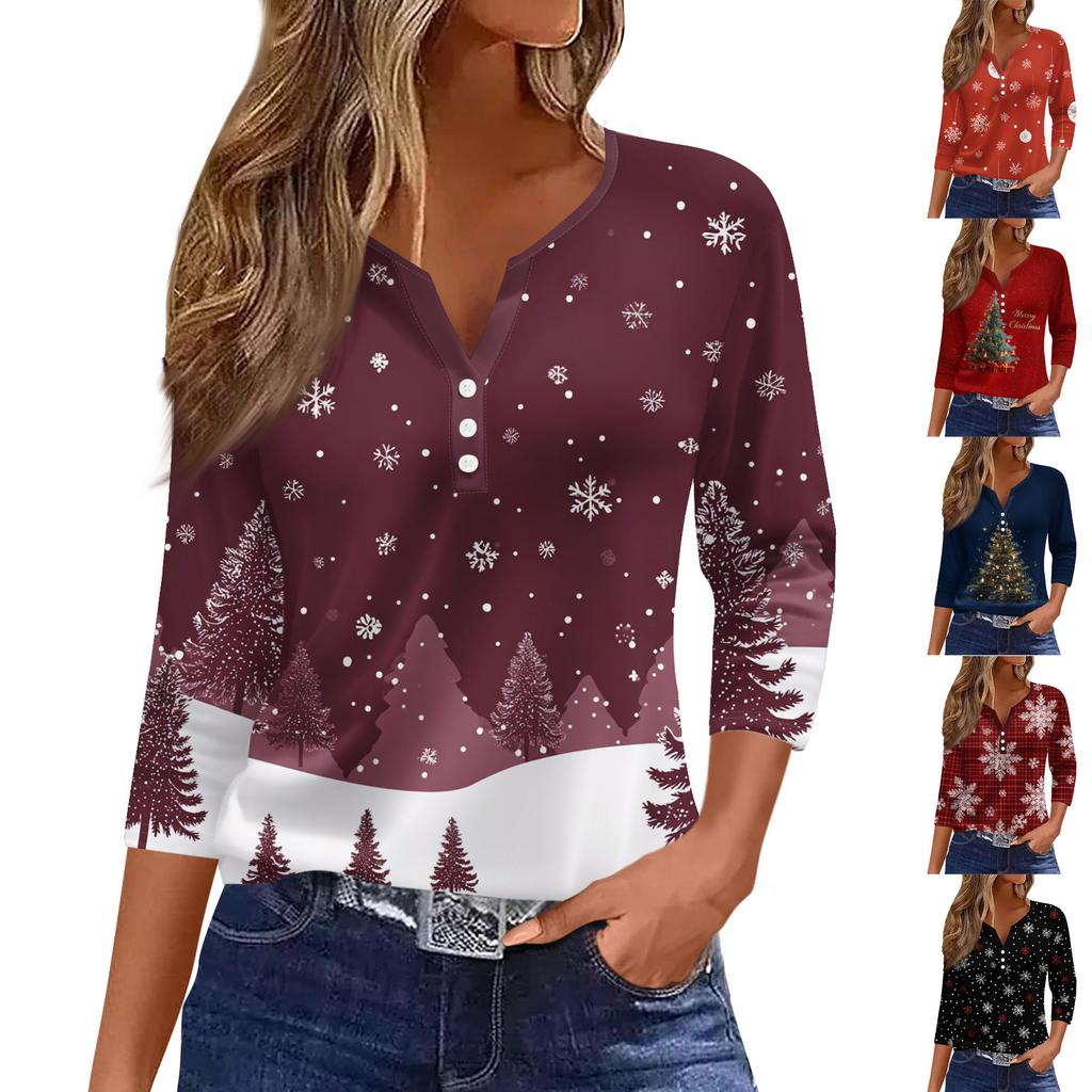 Women's Fashion Casual Christmas Tree Print V-Neck Decorative Button Three-Quarter Sleeve T-Shirt Top