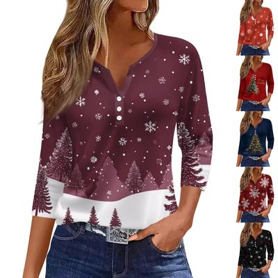 Women's Fashion Casual Christmas Tree Print V-Neck Decorative Button Three-Quarter Sleeve T-Shirt Top