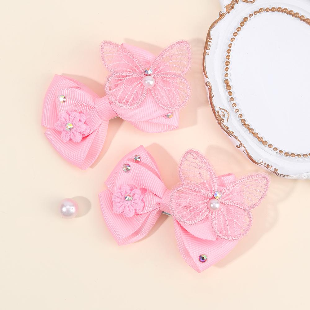 2Pcs Butterfly Hair Clips Baby Solid Ribbon Bows Barrette Sweet Diamond Flower Hairpin Children School Headwear Girls Accesories