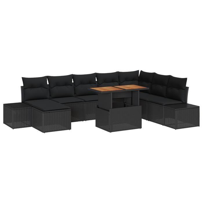 VidaXL Set de salle à manger de jardin de 9 pièces avec coussins en poly rotin noir et acacia 3350002