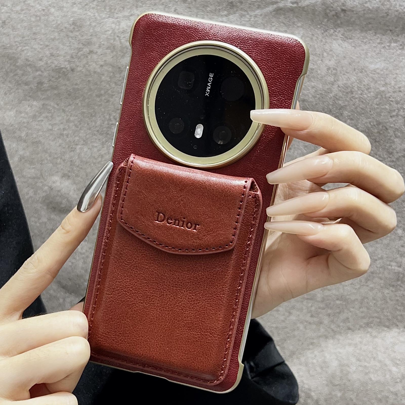 

DENIOR For Huawei Mate 70 Magnetic Case Genuine Cow Leather PC Kickstand Phone Cover with Card Holder Red