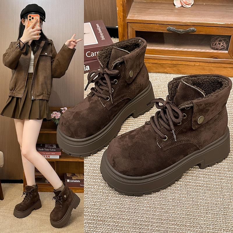 Women's Thick Bottom Lace-up Winter Lightweight Warm a Foot Pedal Padded Snow Boots Non-slip Wear Casual Sneakers Plush Martin Cotton Boots