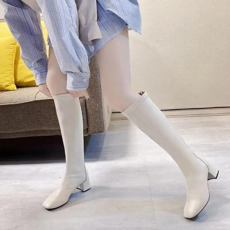 Fashion Square Toe Women's Long Boots Quality Leather Pu New Rock Spring 2024 Ladies Knee High Shaft Shoes on Promotion Demi-season Work