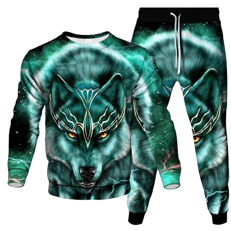 Spring Autumn Dazzle Wolf 3D Print Sportswear Set Casual T Shirt Pants 2-Piece Set Oversize Pullover Hip Hop Unisex Clothing