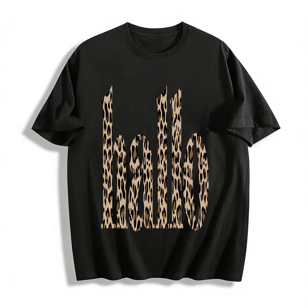 

Hallo Leopard Print Casual Tshirt Unisex Loose Fit Vintage Style Daily Wear Tees Pure cotton T-shirt XXS