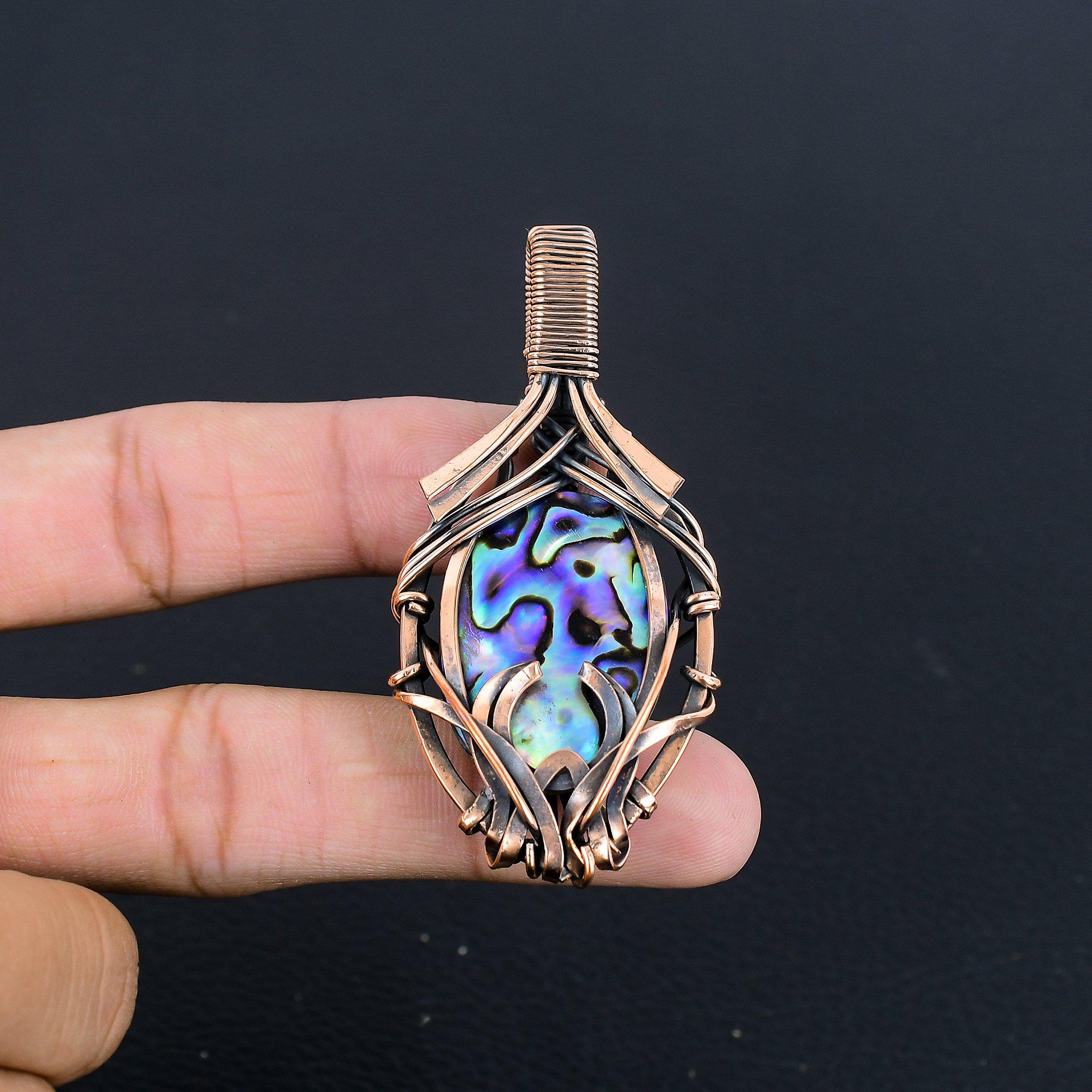 

Кулон из раковины абалона, обернутый медной проволокой 999 пробы, Ювелирное изделие-кулон из драгоценного камня ручной работы, Подарки для жены, Совершенно новый кулон 2.55 Inches