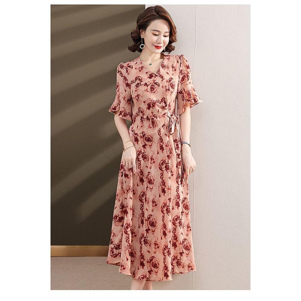 Elegant V-Neck Folds Drawstring Dresses Summer Rose Printed Women's A-Line Waist Korean Asymmetrical Long Dress