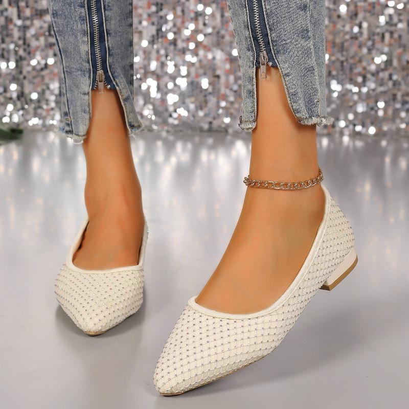 Retro Shallow-cut Fashion Single-shoe Women's 2026 Spring New Bright Diamond Pointed Toe Full Diamond One-foot Flat Shoes