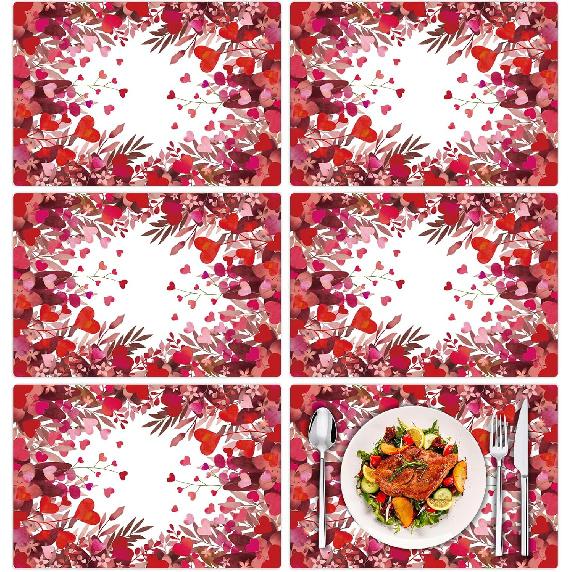 Tarklanda Pink Love Hearts Placemats Set of 6, 11 x 15.7 Inch Washable Vinyl Table Mats Valentine Holiday Plastic Placemats for Anniversary Wedding