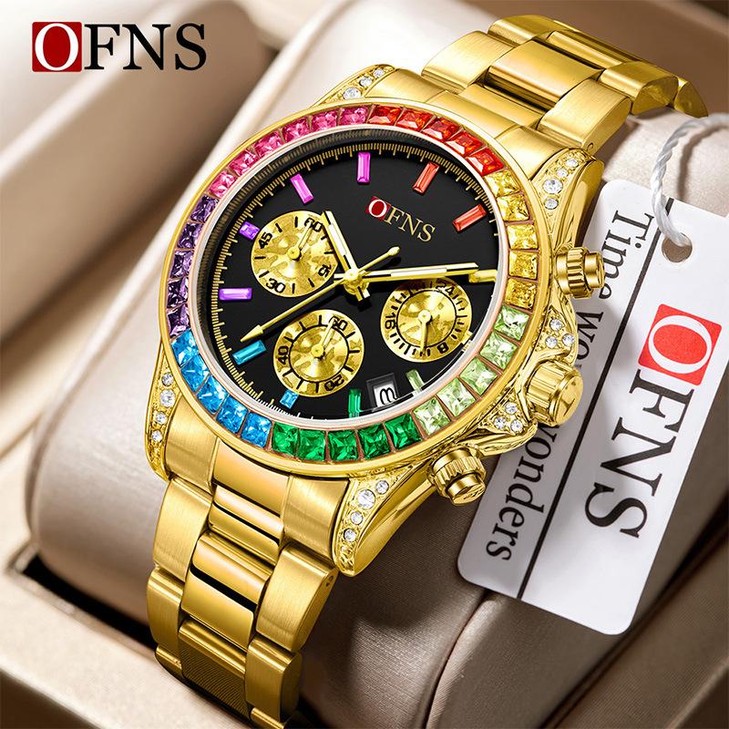 Quartz Luxury Mens Round Imitation Color Diamond Watches Movement Waterproof Men Wristwatches Week Display Male Clock