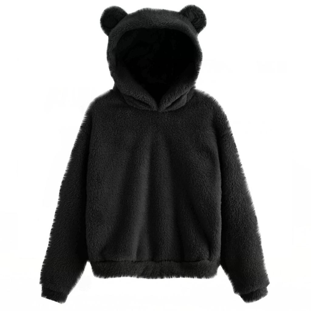 Women's Fashion Long Sleeve Solid Color Fleece  Ears Hooded Warm Sweater Sweatshirt