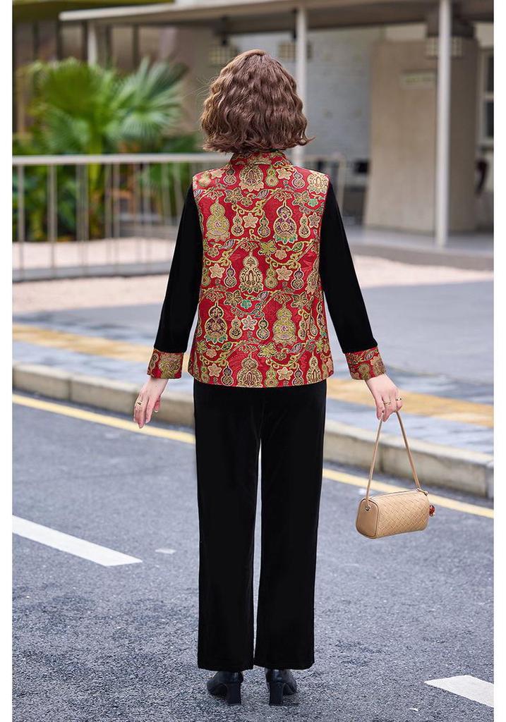 Spring Chinese Style Versatile Casual Vest Top & Frog Button Vest 3-Piece Set for Middle-aged and Elderly Moms