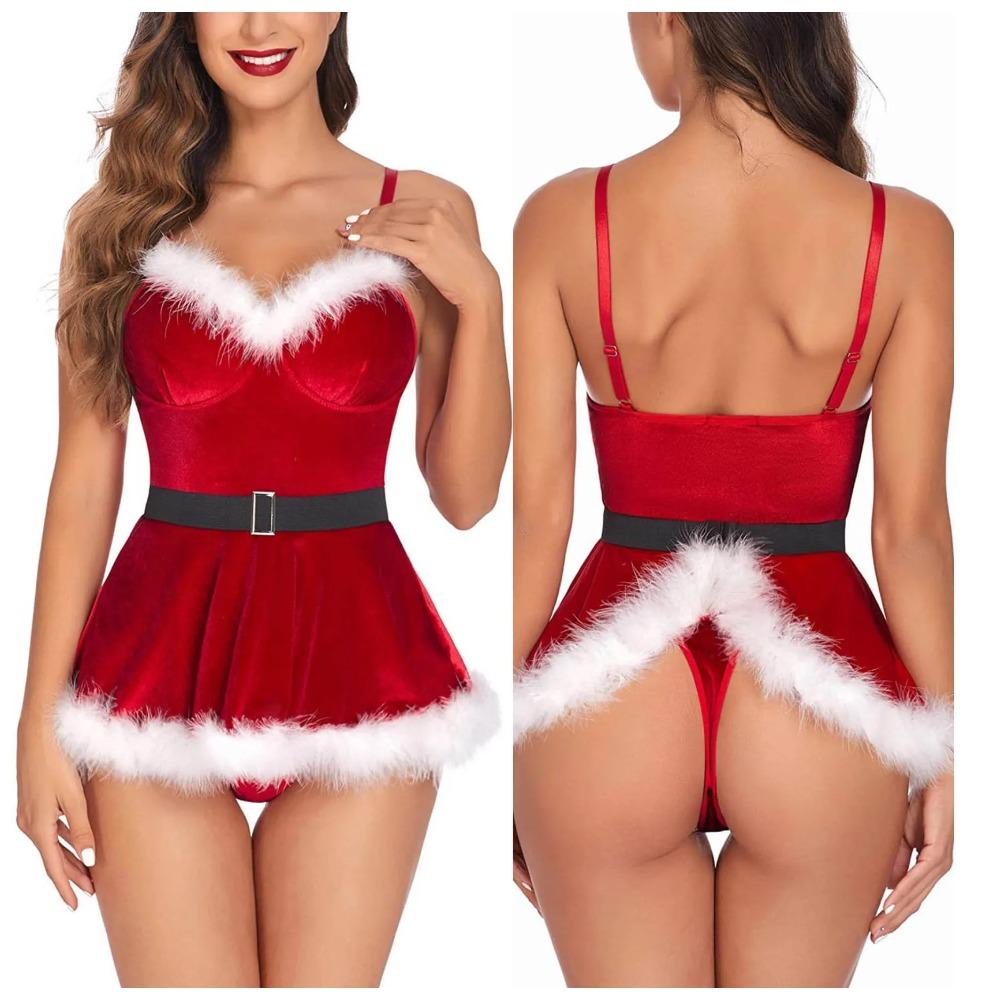 Christmas Set Women Sexy Lingerie Red Babydoll Lace Dress Sleepwear Costume Hot Erotic Underwear Transparent