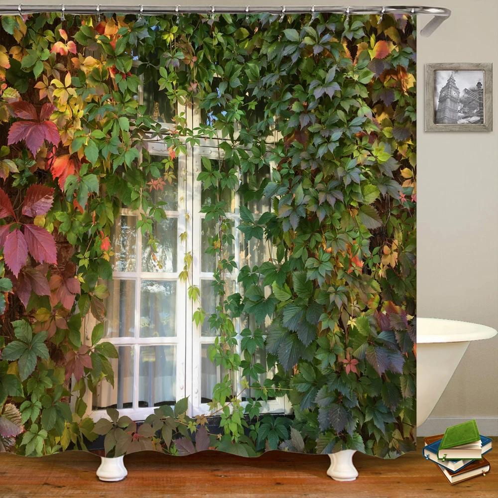 Green Plant Leaves Window Garden Printing Bathroom Shower Curtain Landscape Home Decoration Waterproof Curtain with Hook Curtain