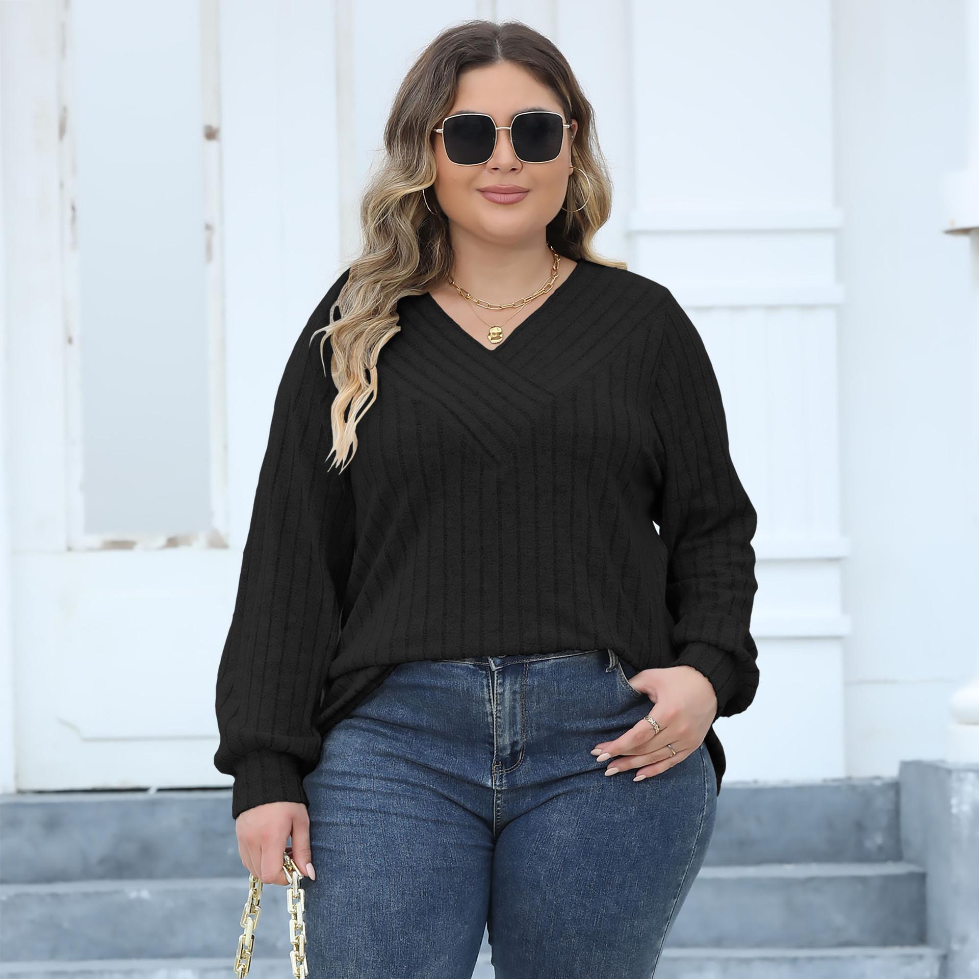 

Толстовки больших размеров, женская одежда, однотонные весенне-осенние пуловеры с v-образным вырезом для полных женщин, футболки с длинными рукавами, полосатые топы большого размера для женщин 0XL чёрный