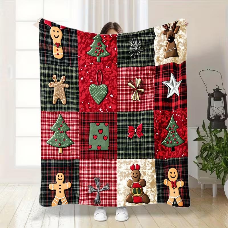 1 Stück Retro-Weihnachts-Flanell-Decke Weich Warm, Geeignet für Alle Jahreszeiten, Bett, Auto, Büro Dekoration Rot, Grün, Golden, Braun