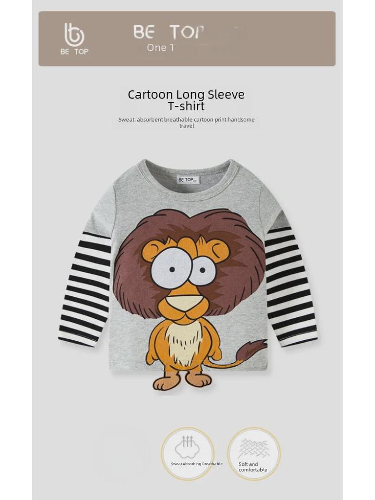Spring & Autumn 2025 Kids' 3D Cartoon T-shirt with Striped Sleeves - 100% Cotton for Boys
