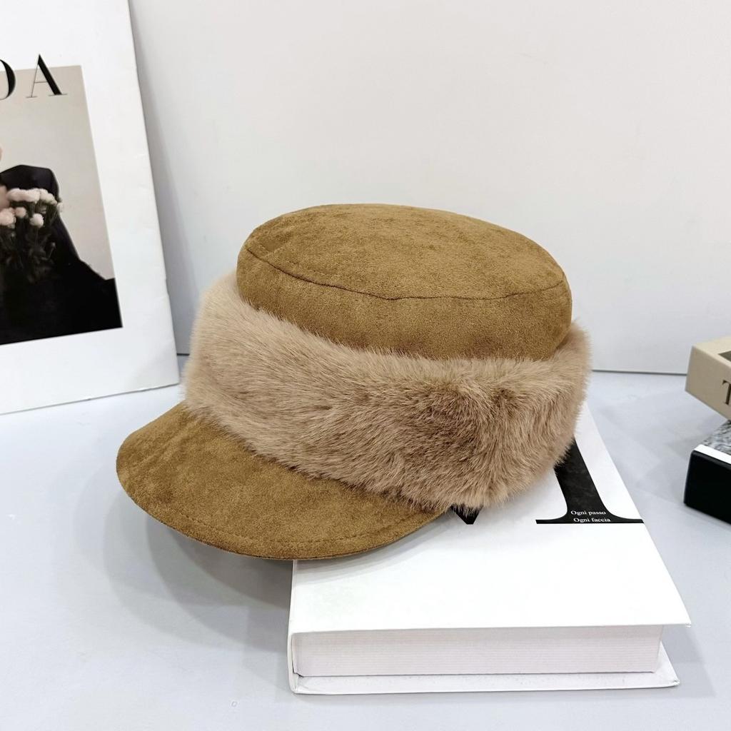 Ancient suede plush flat top equestrian hat women's autumn and winter temperament warm versatile face small cap