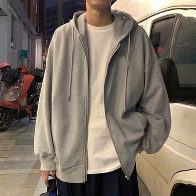 Men Hooded Jacket Zip-up Loose Sweatshirt Jacket Solid Color Casual Spring Autumn Hoodie for Sports School Street Daily Wear