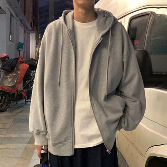 Men Hooded Jacket Zip-up Loose Sweatshirt Jacket Solid Color Casual Spring Autumn Hoodie for Sports School Street Daily Wear