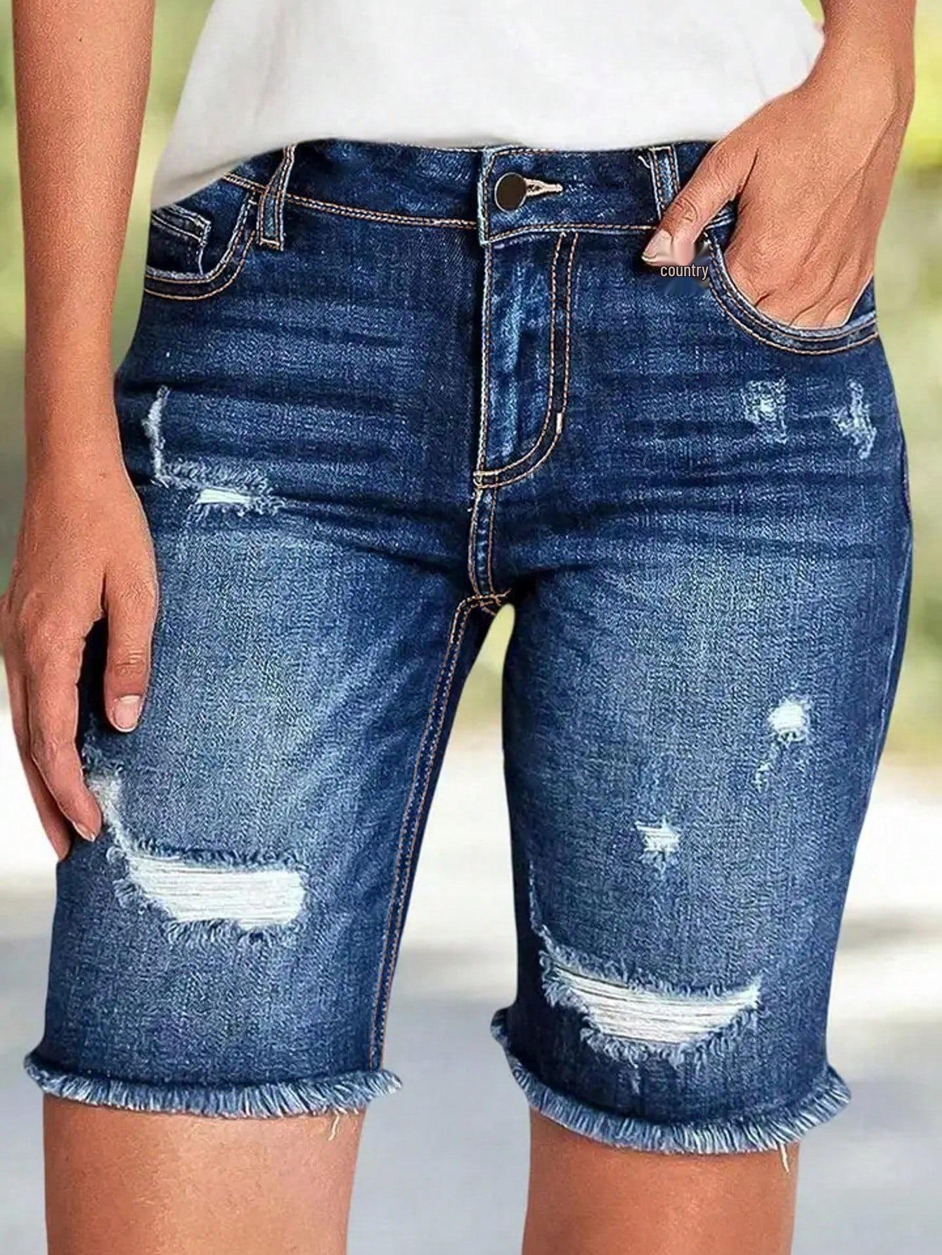 

2026 Spring/Summer Mid-Waist Stretch Fringe Ripped Denim Shorts - Plus Size XL синій