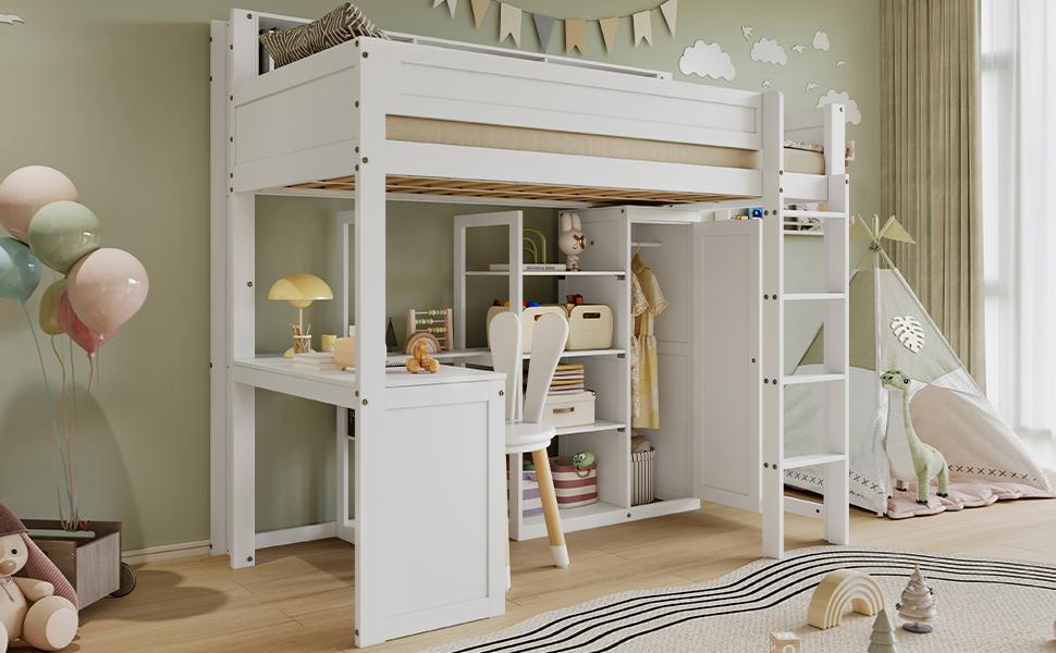 Letto a Castello con Scrivania e Armadio, Letto per Bambini, Barra di Protezione Anti-caduta, con Mensole e Scala a Quattro Gradini, Contenitore, Pino+MDF+Compensato, Bianco, 90x200cm