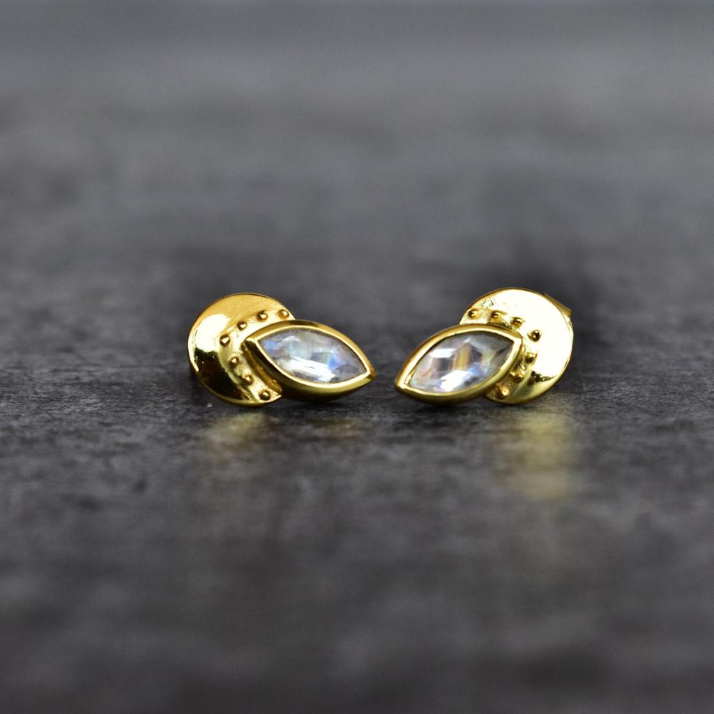 Genuine Moonstone Studs Earrings Rainbow Moonstone Marquise Studs for Her Healing Crystal 14K Gold Vermeil Studs Earring Bridesmaid Gift