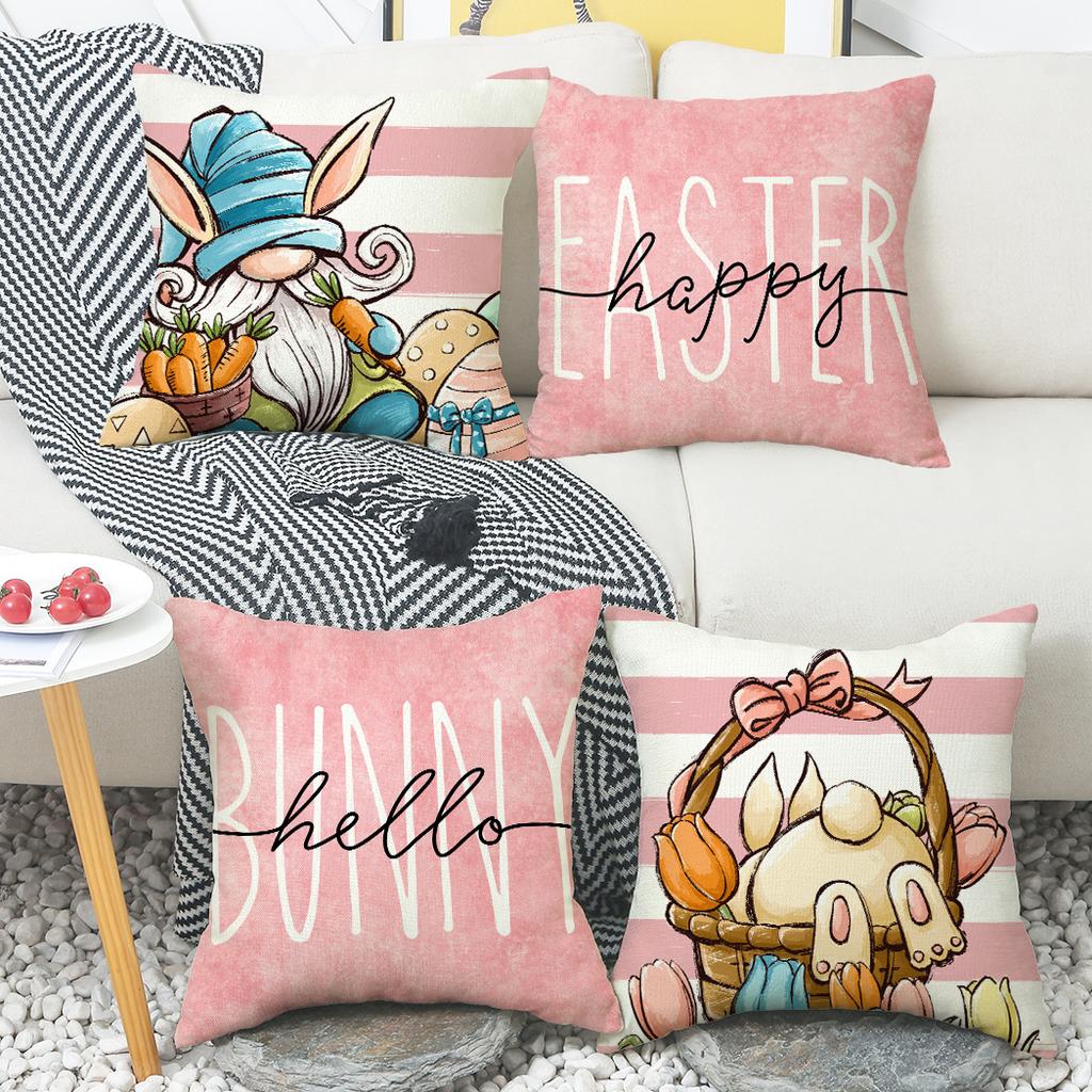 Pink Pillow Case Easter New Pillow Hand-painted Printed Linen Sofa Pillow Spring Decorative Pillow